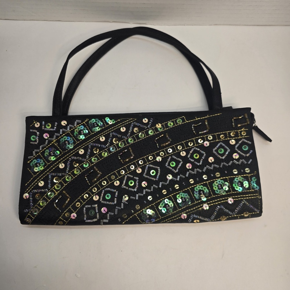 Vtg Beaded Sequin Black Satin Evening Clutch Bag Green Gold Geometric Handbag